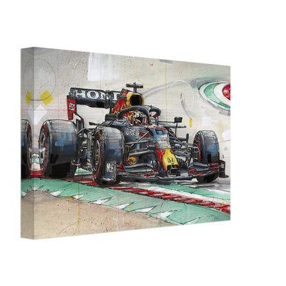 Max Verstappen racing art canvas print featuring vibrant colors and dynamic Formula 1 action. Ideal for fans and collectors.