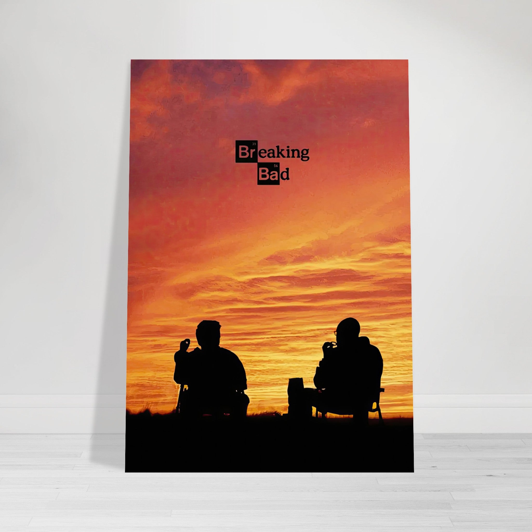 Breaking Bad poster featuring silhouettes of two characters against a vibrant sunset background, perfect for fans.