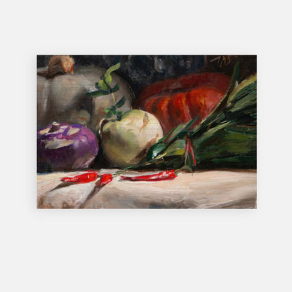 Kohlrabi, pumpkins, and chilis in a vibrant brushed metal painting showcasing rich textures and colors.