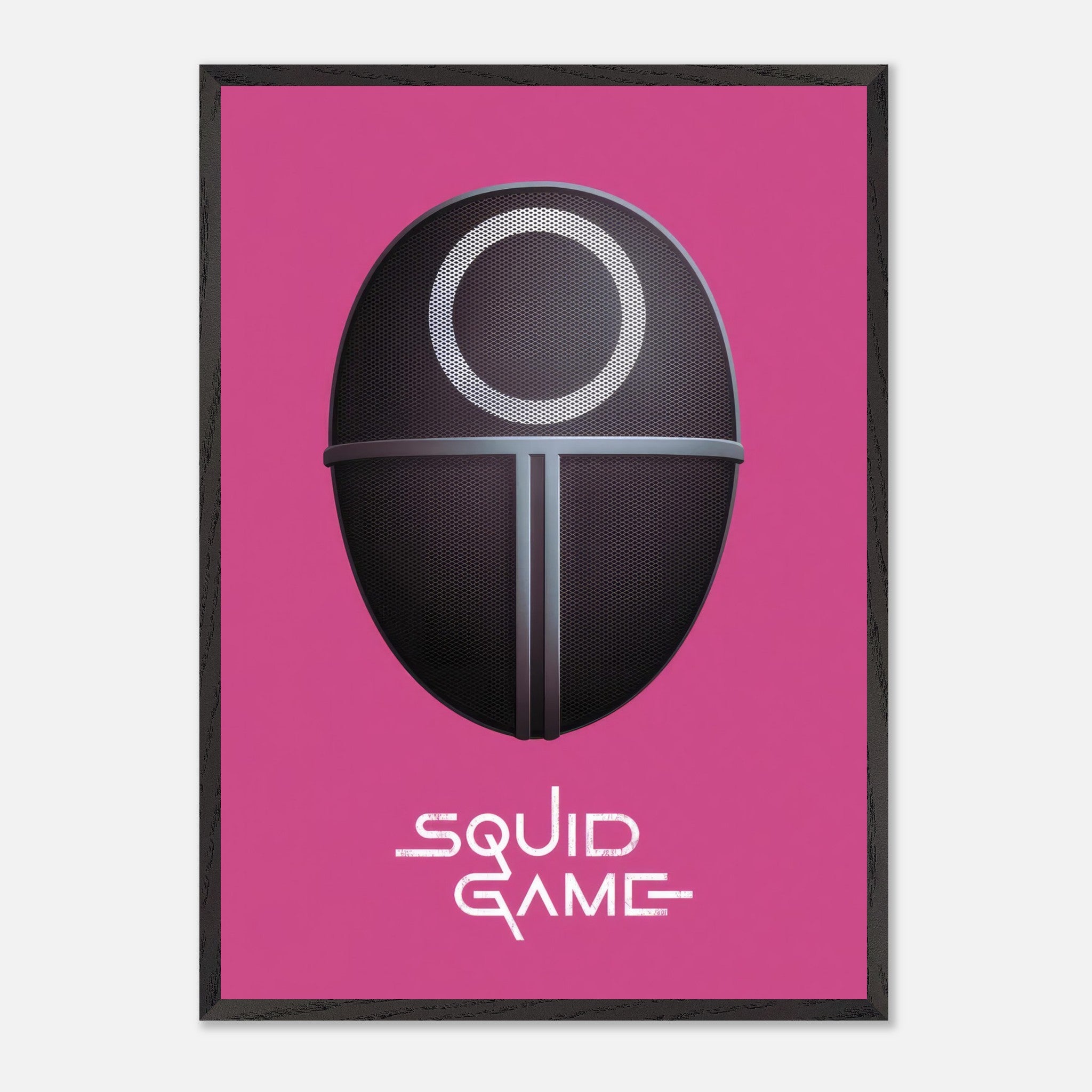 Squid Game Guard Mask fine art print on pink background, showcasing iconic design and vivid colors for fans and collectors.