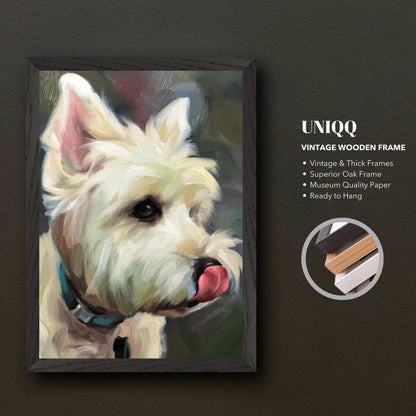 Westie dog painting in a vintage wooden frame highlighting its playful expression. Perfect for dog lovers.