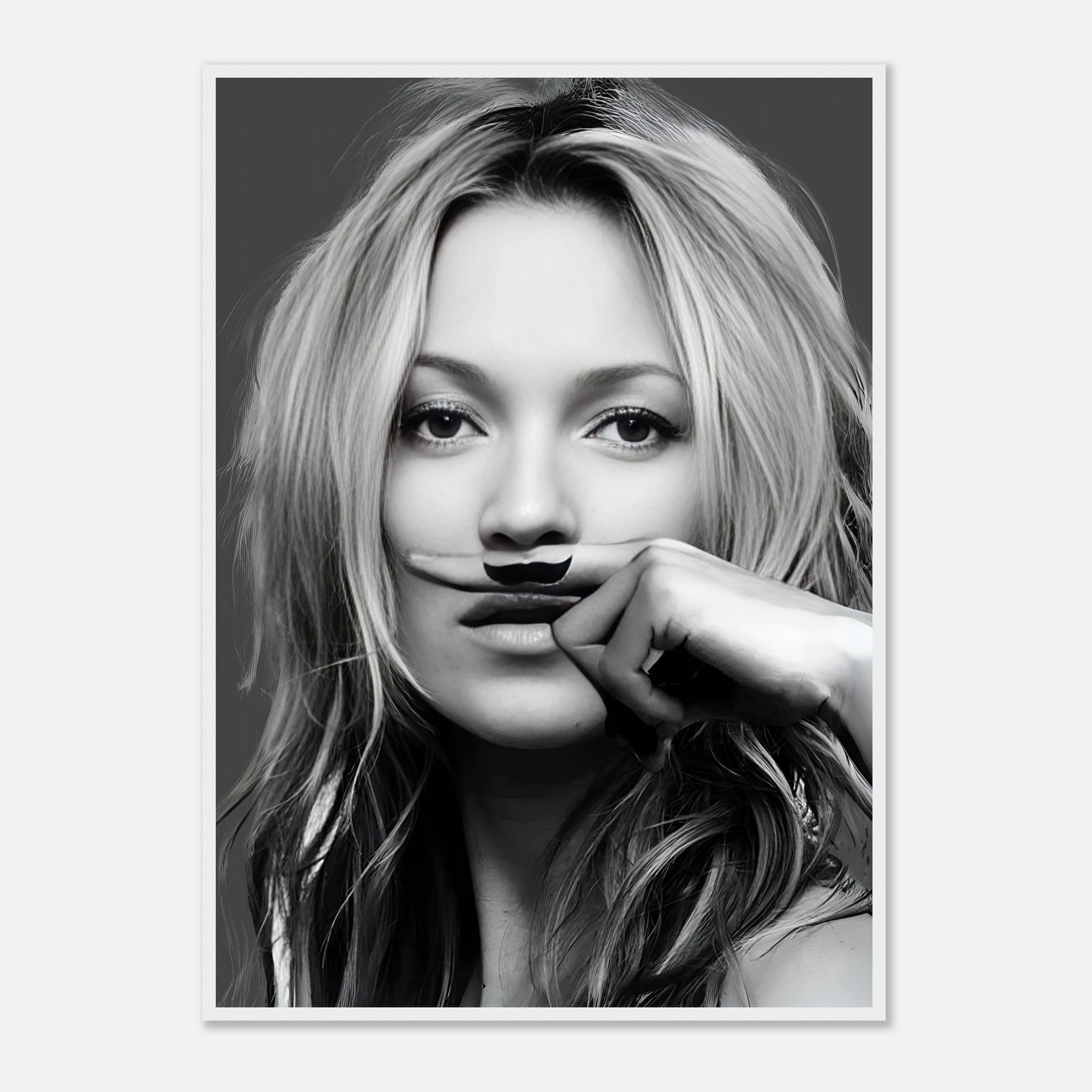 Kate Moss Mustache Framed Print featuring a striking black-and-white portrait with a playful mustache design.