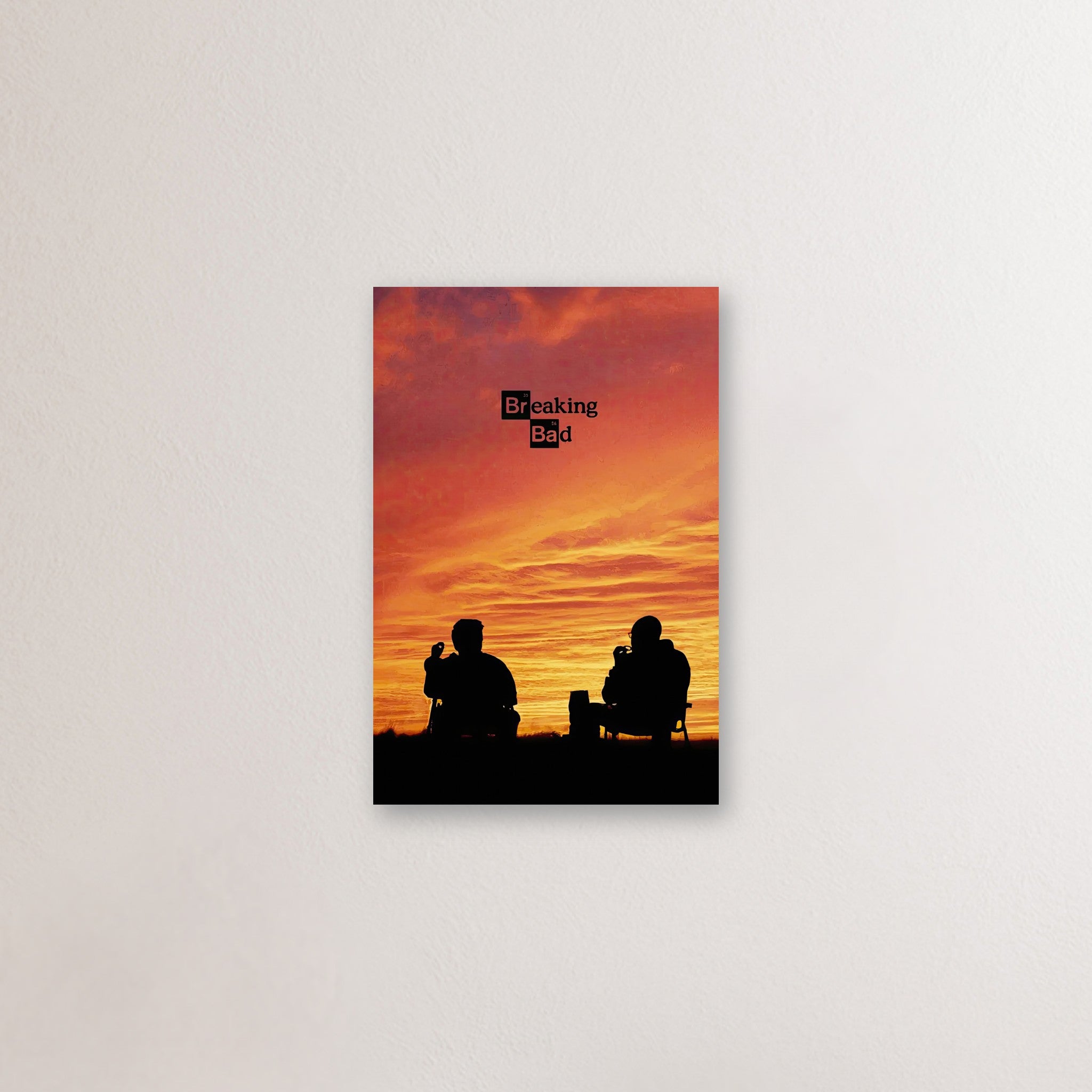 Breaking Bad metal print featuring iconic characters silhouetted against a vibrant sunset backdrop.