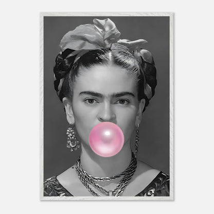 Frida Kahlo vintage art blowing pink bubble gum in black and white frame, perfect for modern decor.