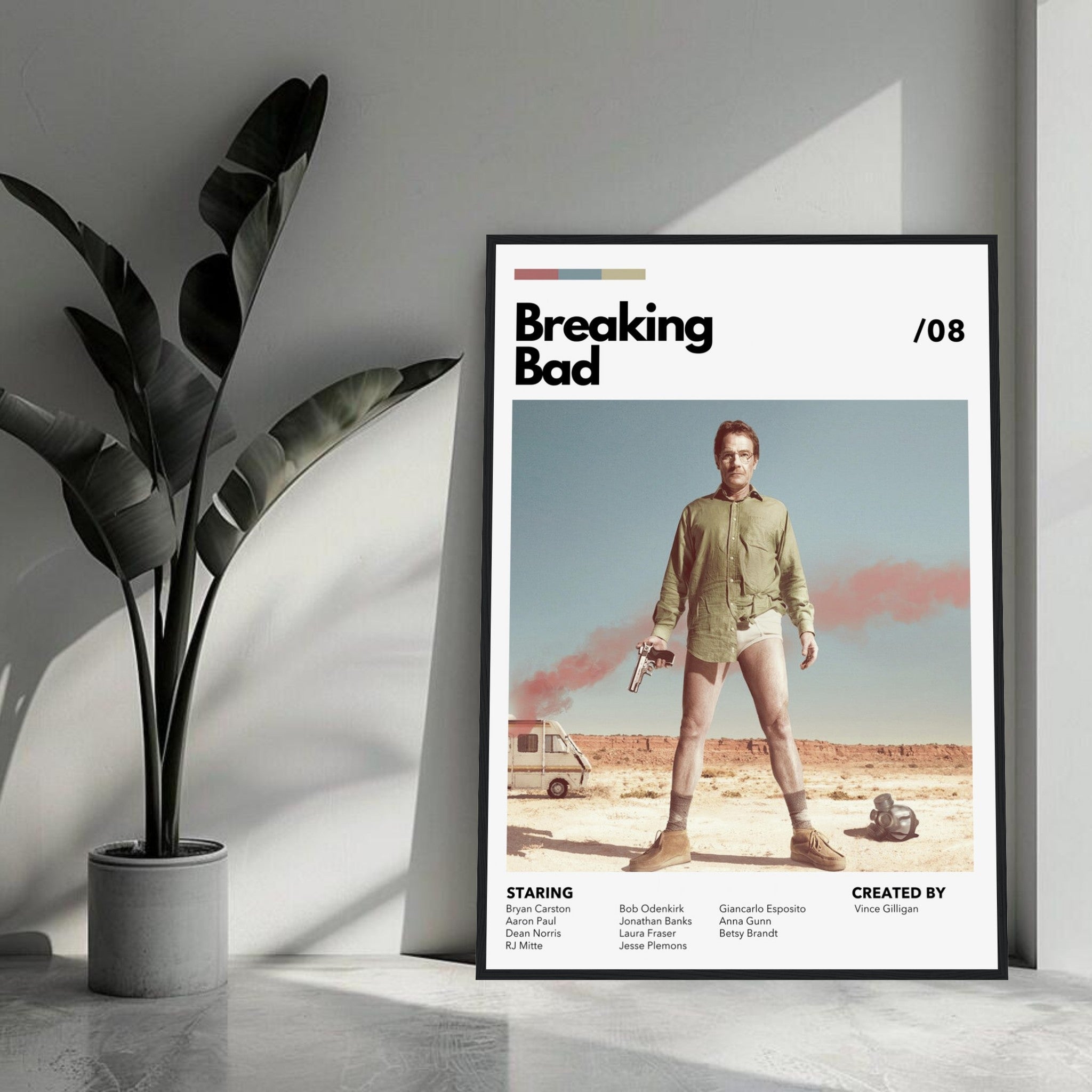 Retro Breaking Bad framed poster featuring Walter White in desert with revolver, modern wall art for fans.