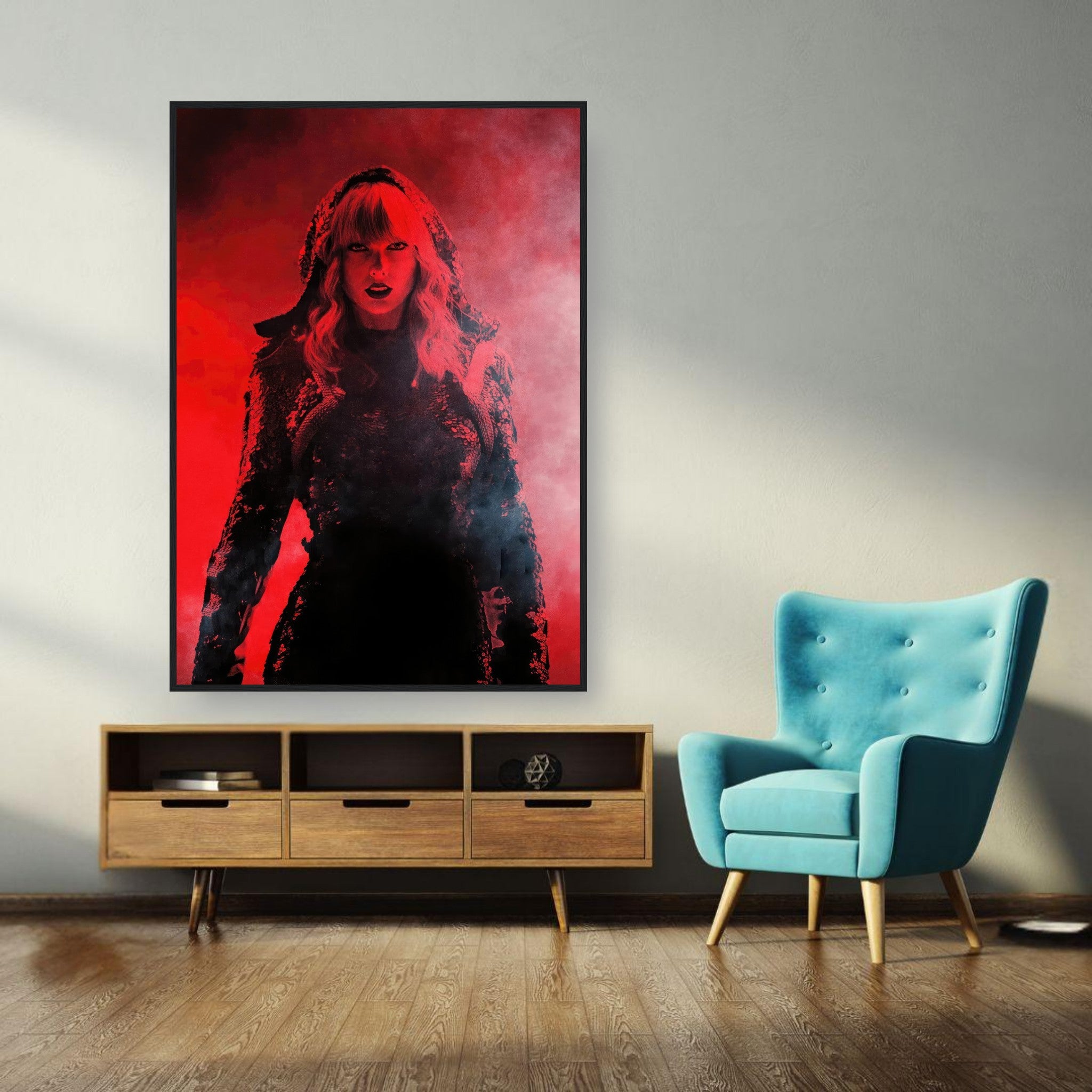 Taylor Swift Red framed print displayed on a wall, showcasing vibrant red hues and artistic design in a modern living room.