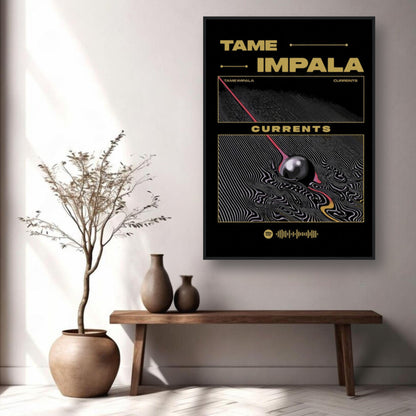 Tame Impala Currents framed poster showcasing vibrant psychedelic artwork in a modern interior setting.