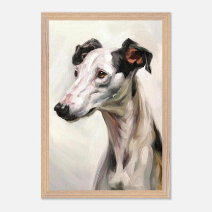 Greyhound dog painting in a wooden frame, showcasing the breed's elegance and soulful expression.
