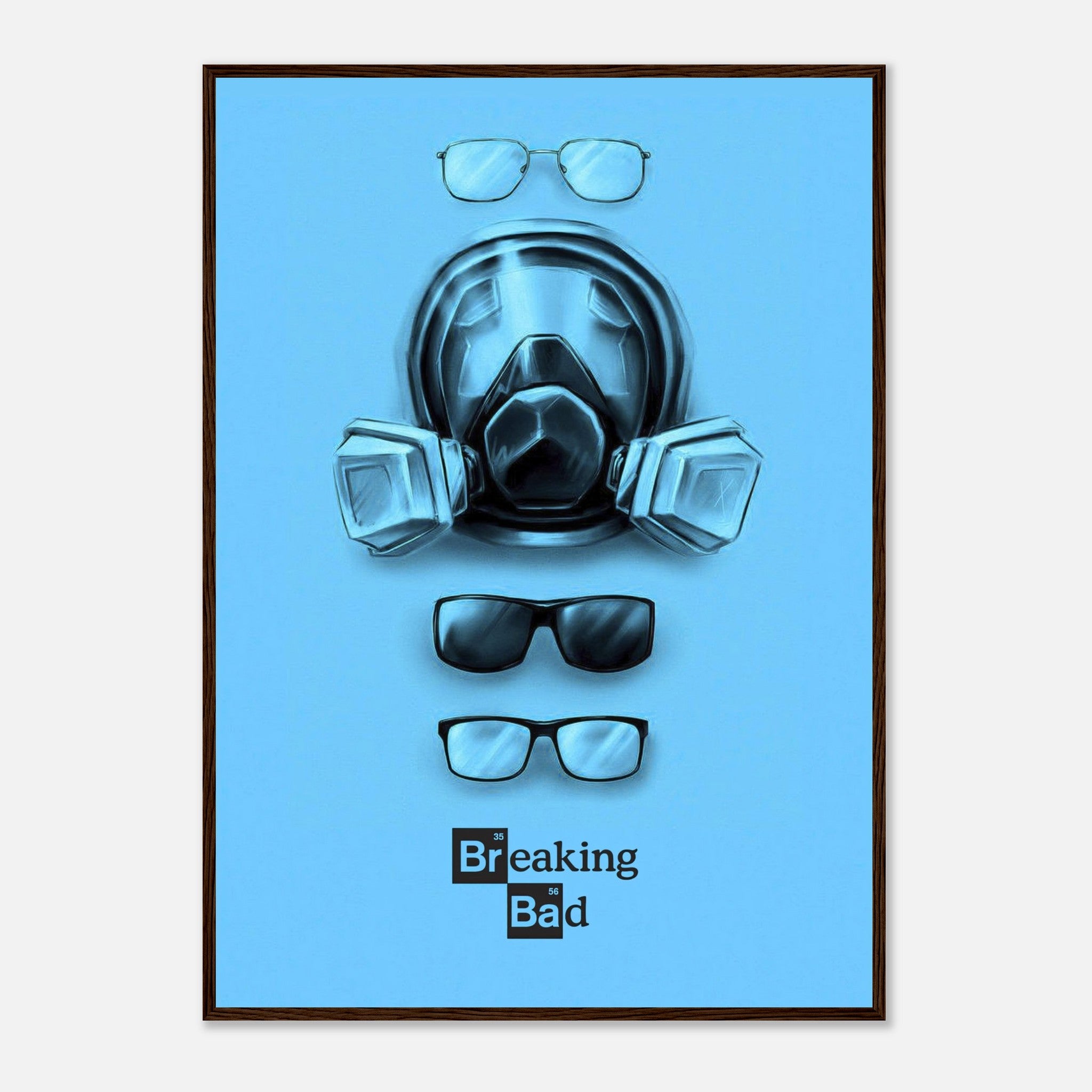 Minimalist Breaking Bad framed print featuring Walter White's gas mask and glasses on a bold blue background.