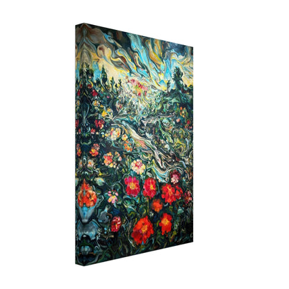 Vibrant abstract floral landscape painting canvas print with swirling colors and bold red flowers.