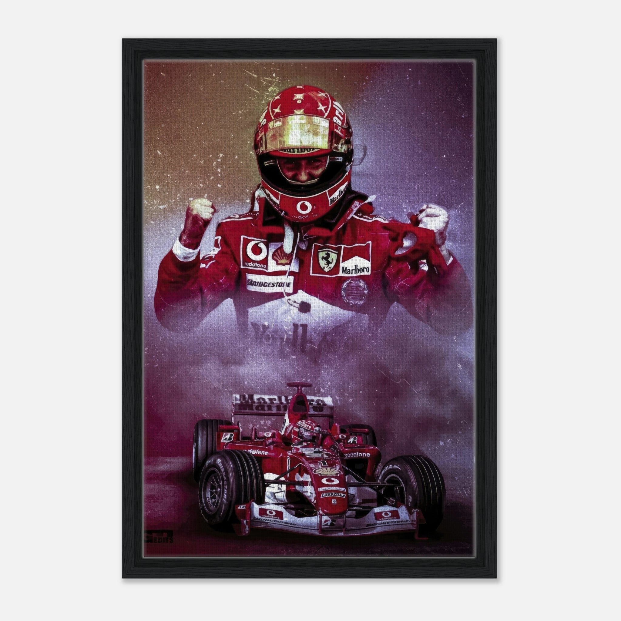 Framed canvas print of Michael Schumacher celebrating in his Ferrari, showcasing vibrant colors and motorsport legacy.