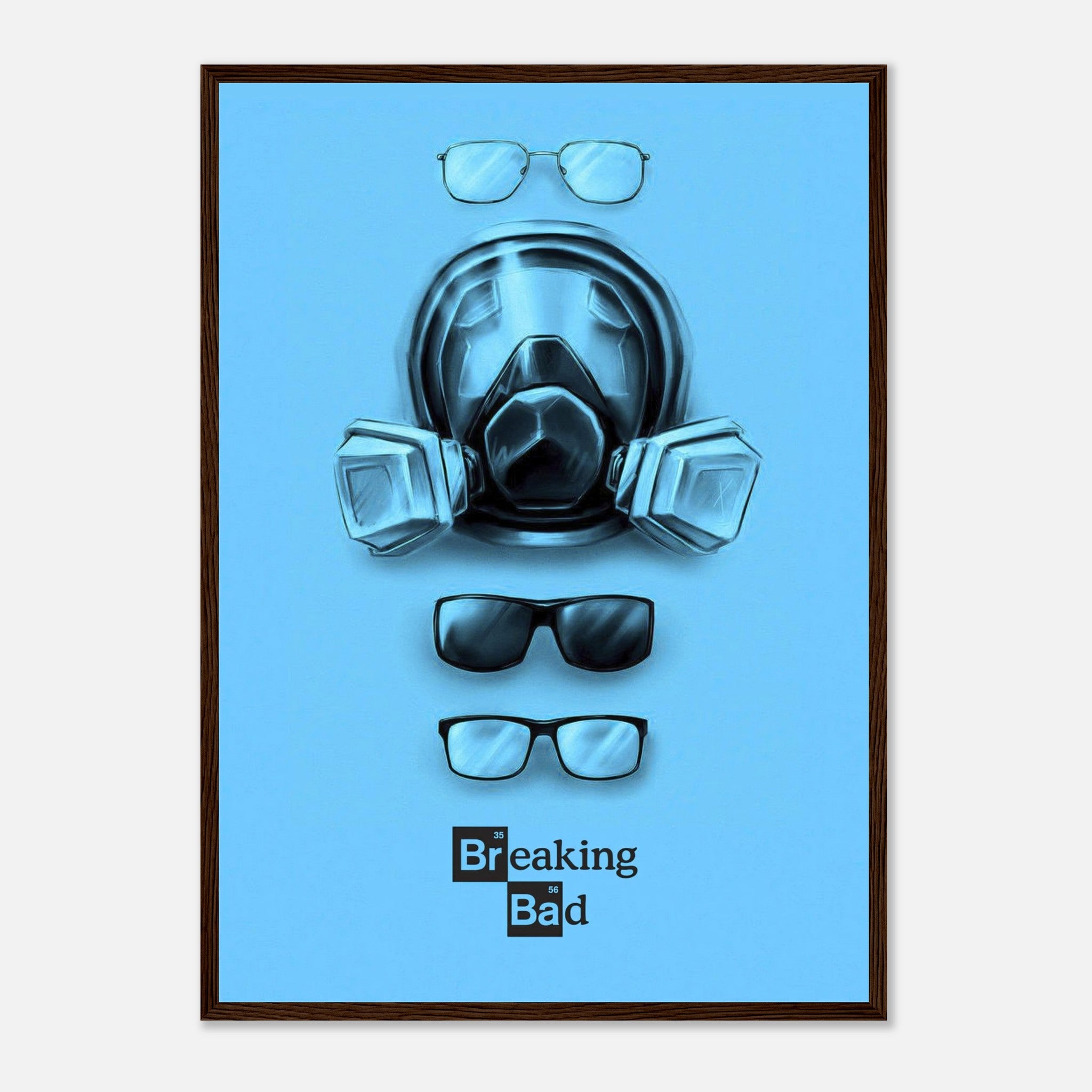 Minimalist Breaking Bad poster featuring Walter White's gas mask and glasses on a bold blue background.