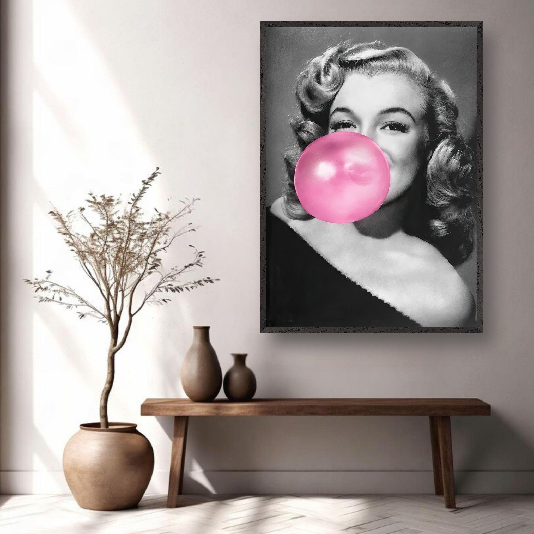 Marilyn Monroe vintage framed print blowing pink bubble gum, stylish wall art decor for modern interiors.