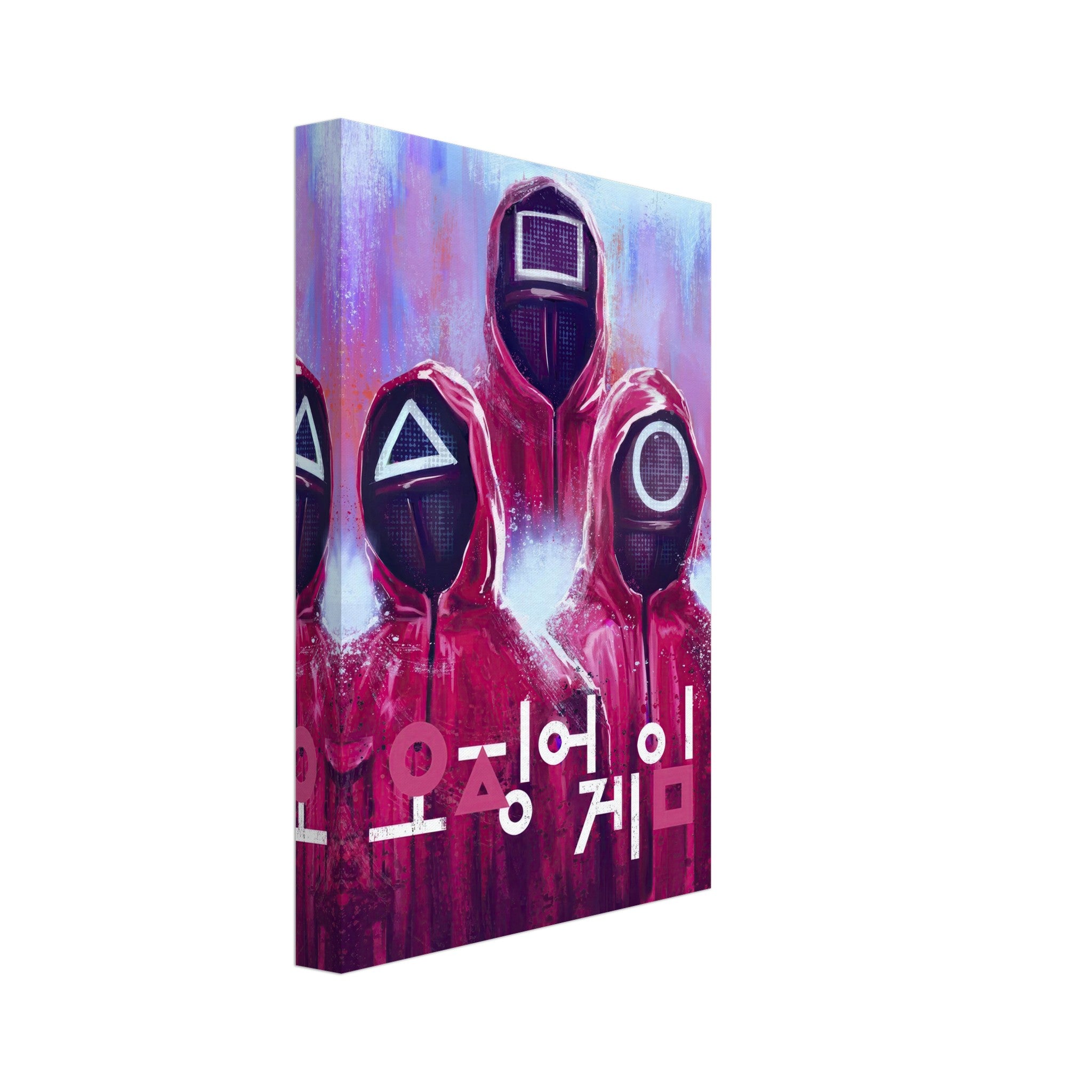 Squid Game canvas print featuring iconic masked characters in vibrant red and purple with Korean text, perfect for home decor.