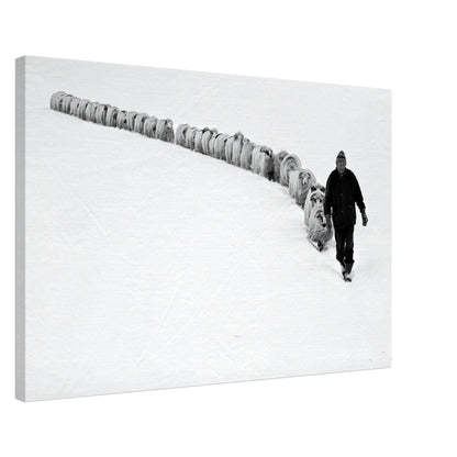Black-and-white canvas print of a shepherd guiding sheep through a snowy landscape, showcasing rural life.