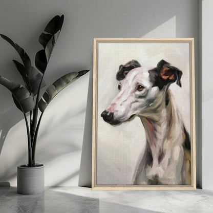 Framed canvas print of a greyhound dog painting, showcasing its elegant expression and soft brushstrokes.