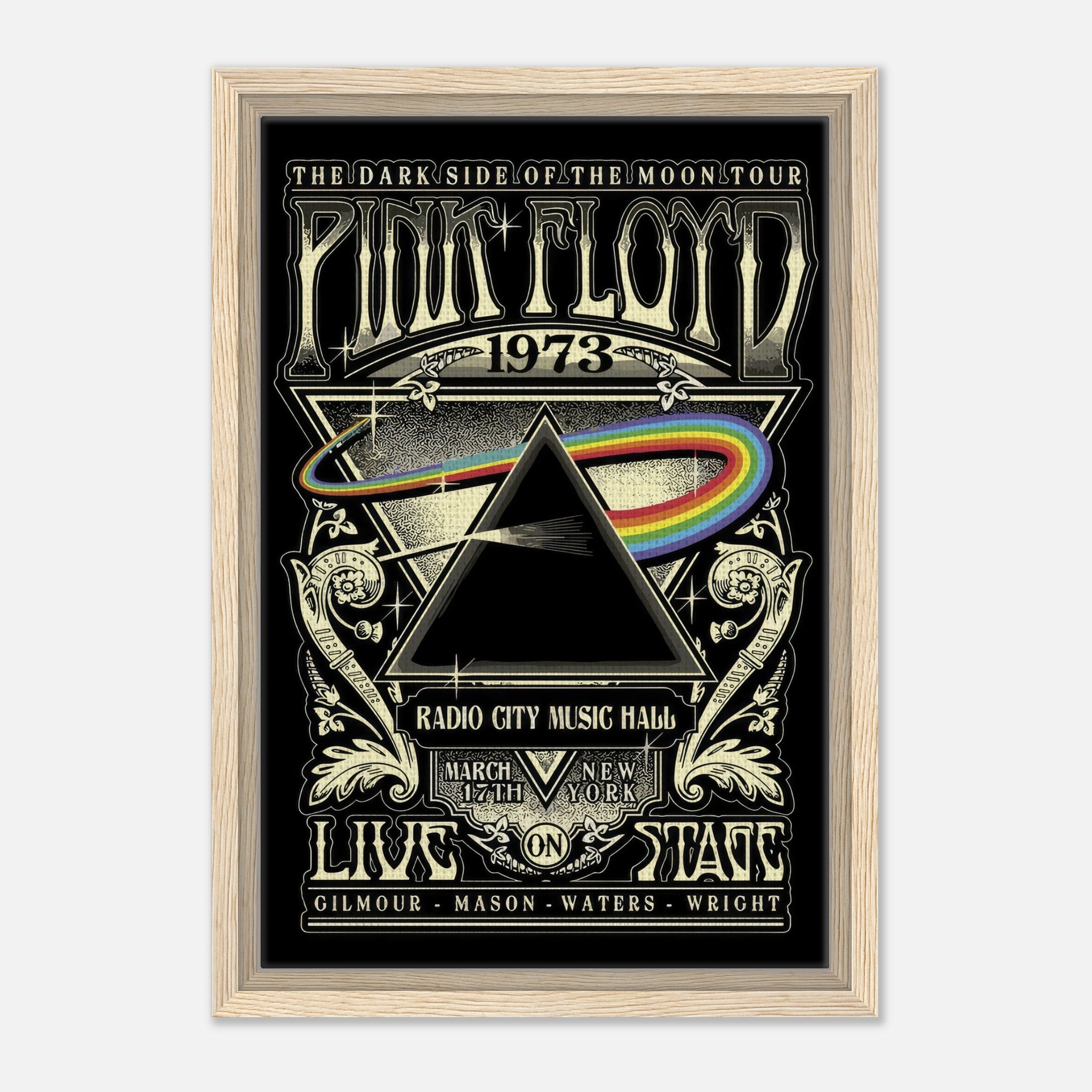 Pink Floyd 1973 Dark Side of the Moon tour poster framed canvas print featuring iconic prism design.