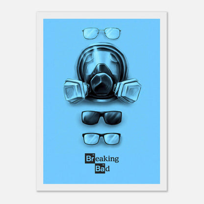 Minimalist Breaking Bad poster featuring Walter White's gas mask and glasses on a bold blue background.