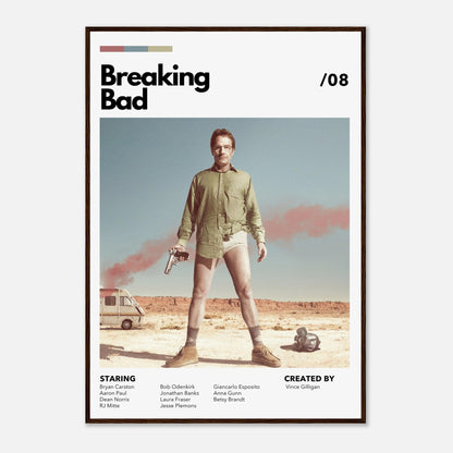 Retro Breaking Bad framed poster featuring Walter White in desert attire, highlighting a bold and iconic design.