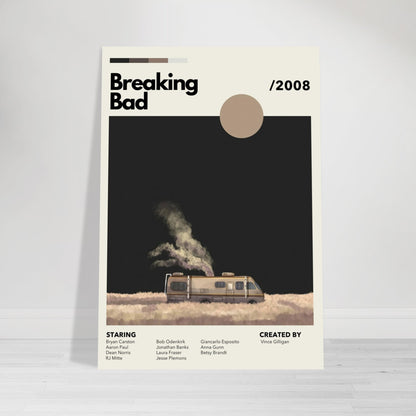 Vintage RV Breaking Bad poster featuring iconic RV in desert landscape, minimalist design and subdued colors.