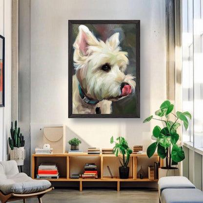 Westie dog painting in vintage frame displayed in a modern living room with plants and light decor.