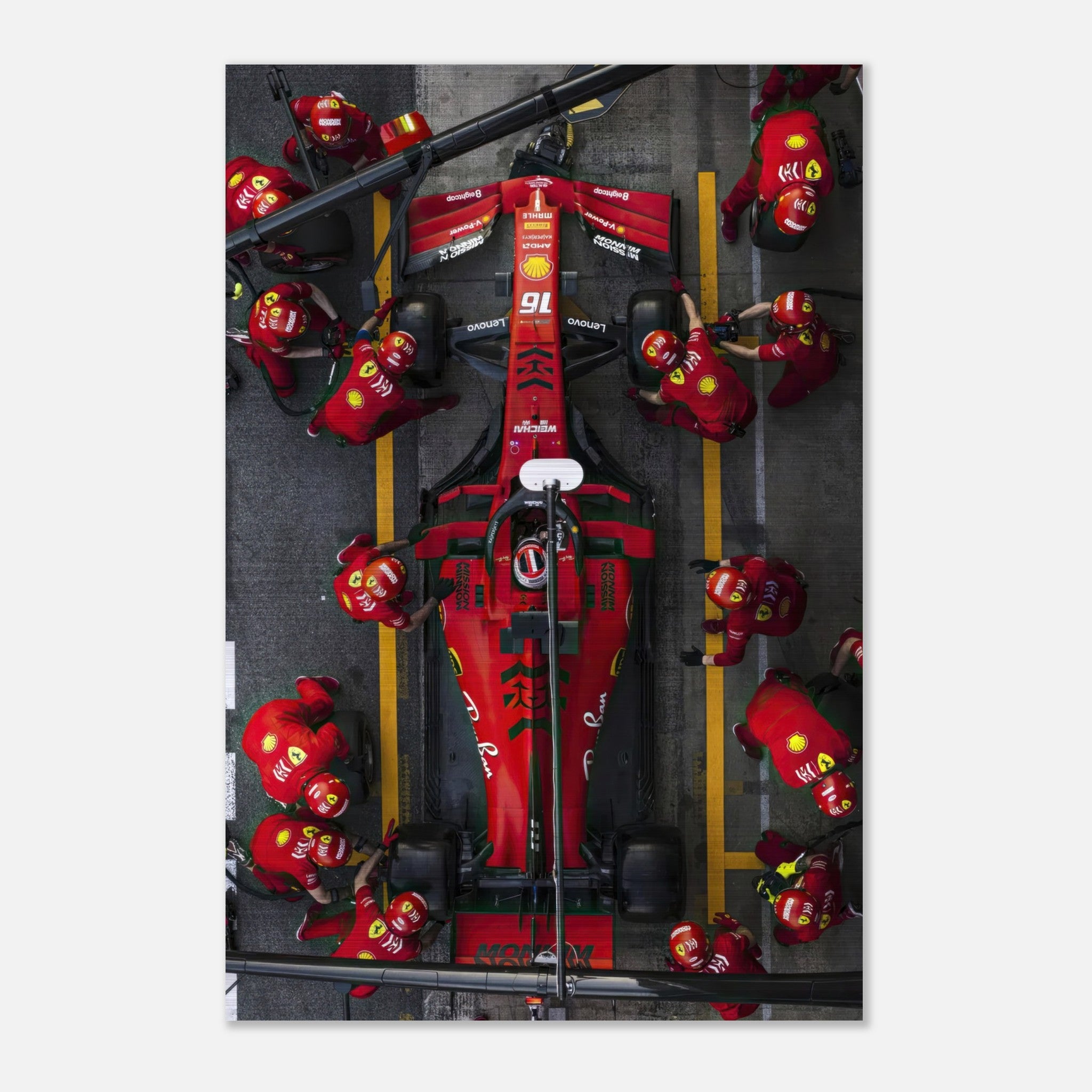 Formula 1 Ferrari pitstop artwork in brushed metal, showcasing a dynamic racing scene with vivid colors and sleek design.