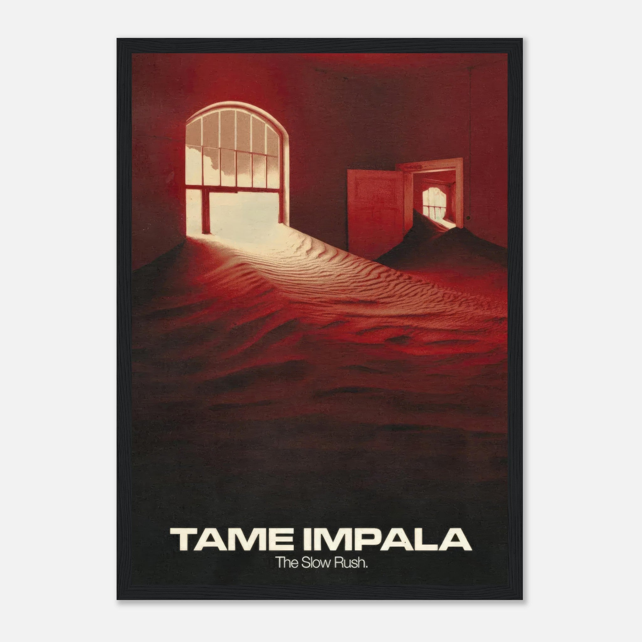 Framed print of Tame Impala's *The Slow Rush*, featuring surreal red tones and ethereal imagery for a stunning wall decor.