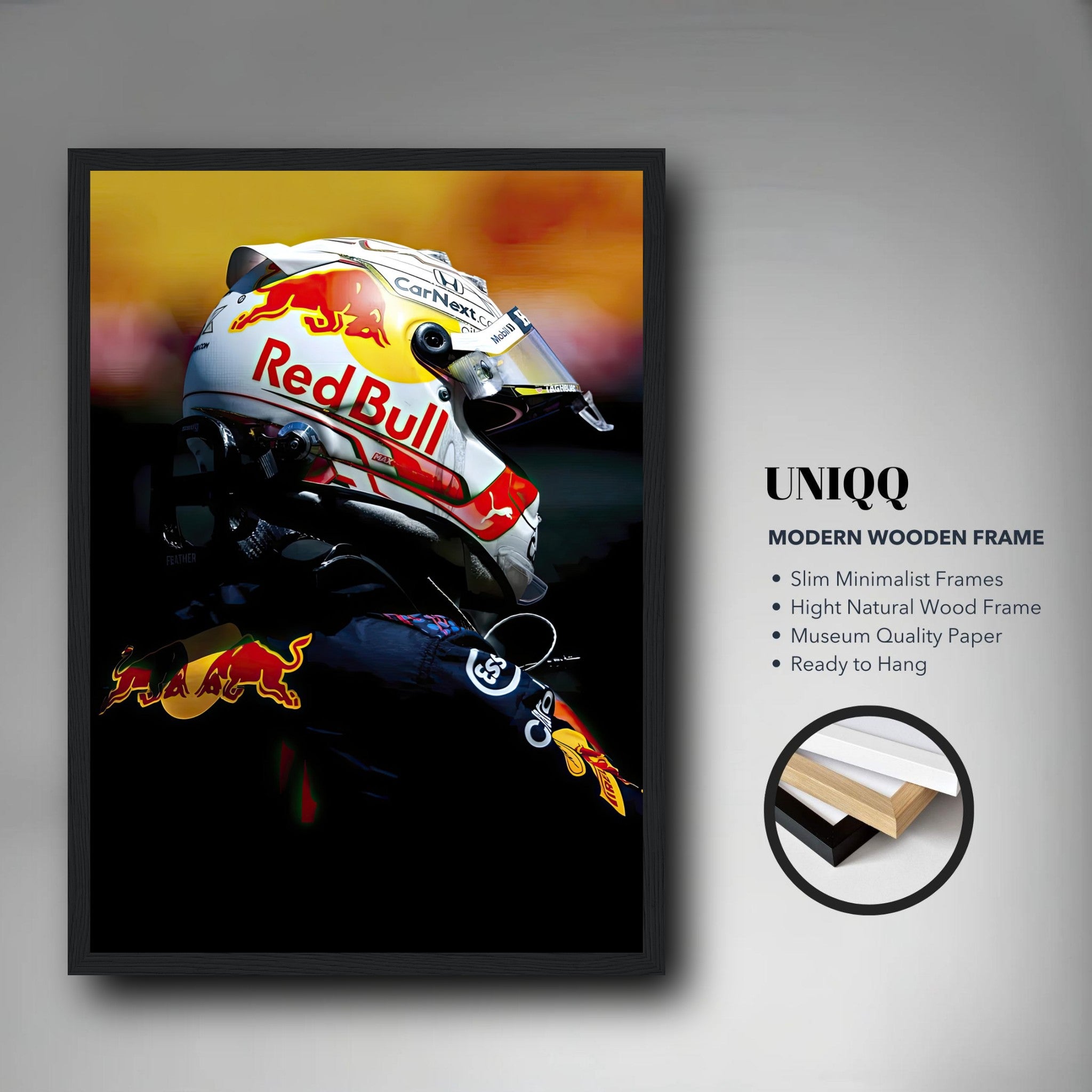 Max Verstappen framed print featuring Red Bull racing helmet design, ideal for Formula 1 fans and room decor.