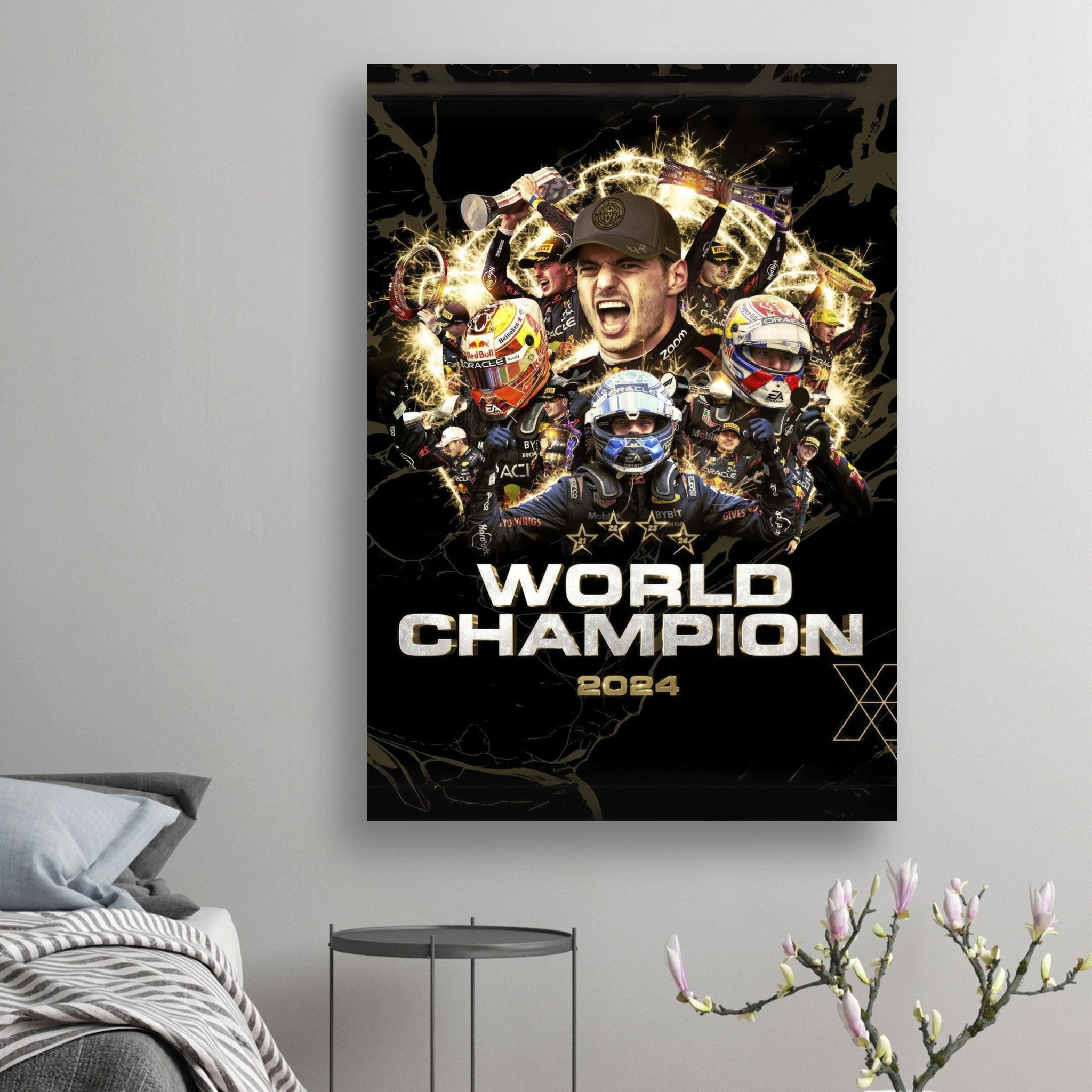 Max Verstappen 2024 F1 World Champion poster featuring vibrant graphics and iconic racing moments, perfect for fans.