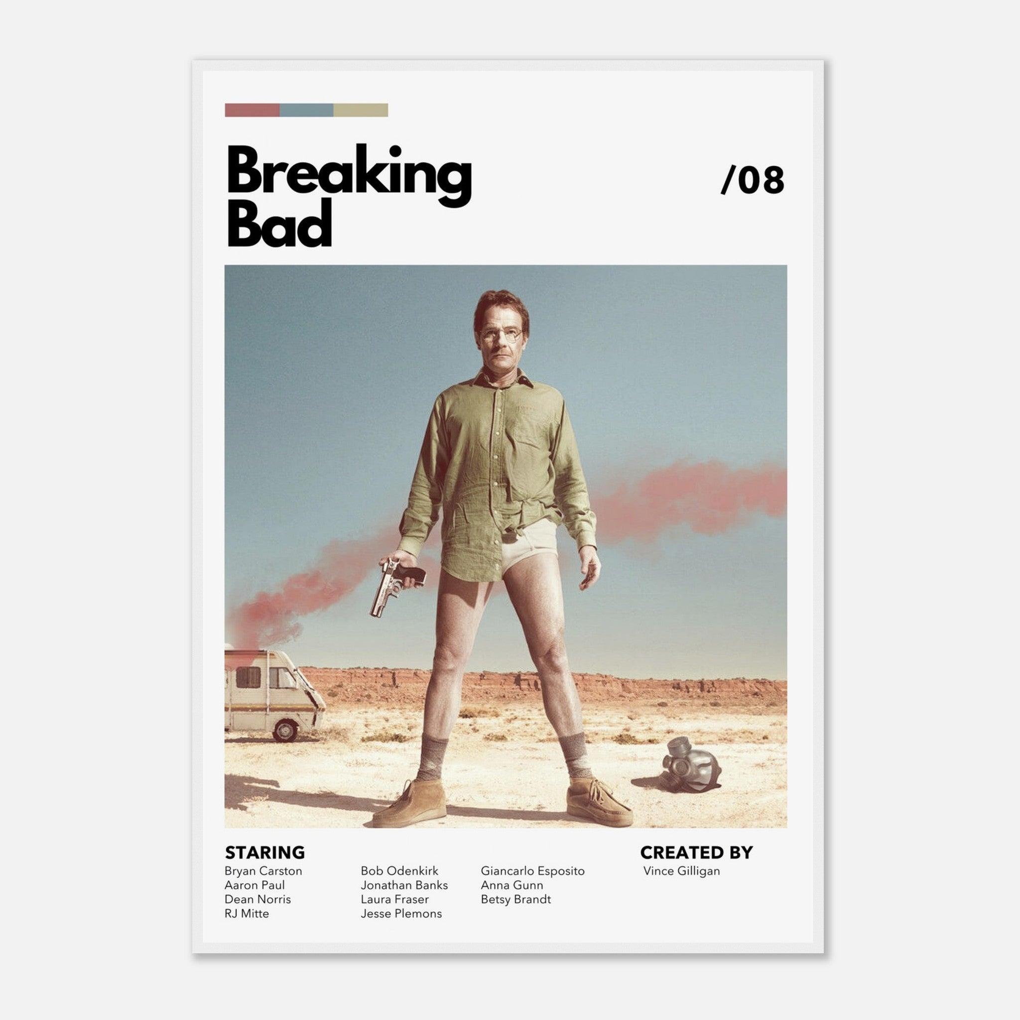 Retro Breaking Bad framed poster featuring Walter White in tighty-whities with a revolver against a desert backdrop.