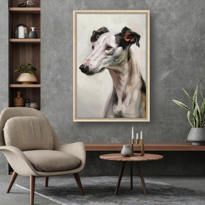 Framed canvas print of a greyhound dog painting in a modern living room setting, showcasing elegance and artistic expression.