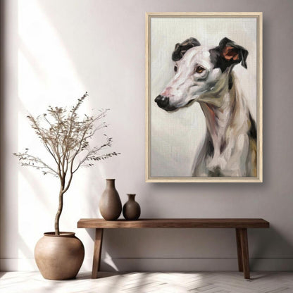 Framed greyhound dog painting on wall, with modern decor including vases and a plant, enhancing home aesthetics.