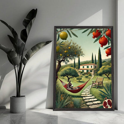 Mediterranean rural landscape artwork featuring a donkey in a hammock, cypress trees, and vibrant pomegranate fruits.