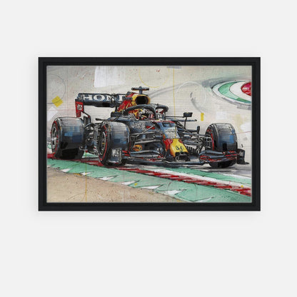 Max Verstappen framed canvas print featuring vibrant racing scene with Red Bull car in action.