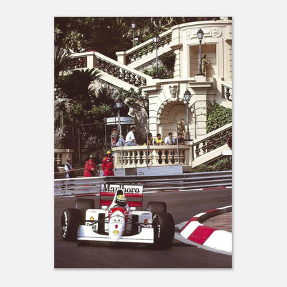 Ayrton Senna racing his McLaren during the Monaco Grand Prix, showcasing the elegance of Formula 1 and the iconic Monaco streets.