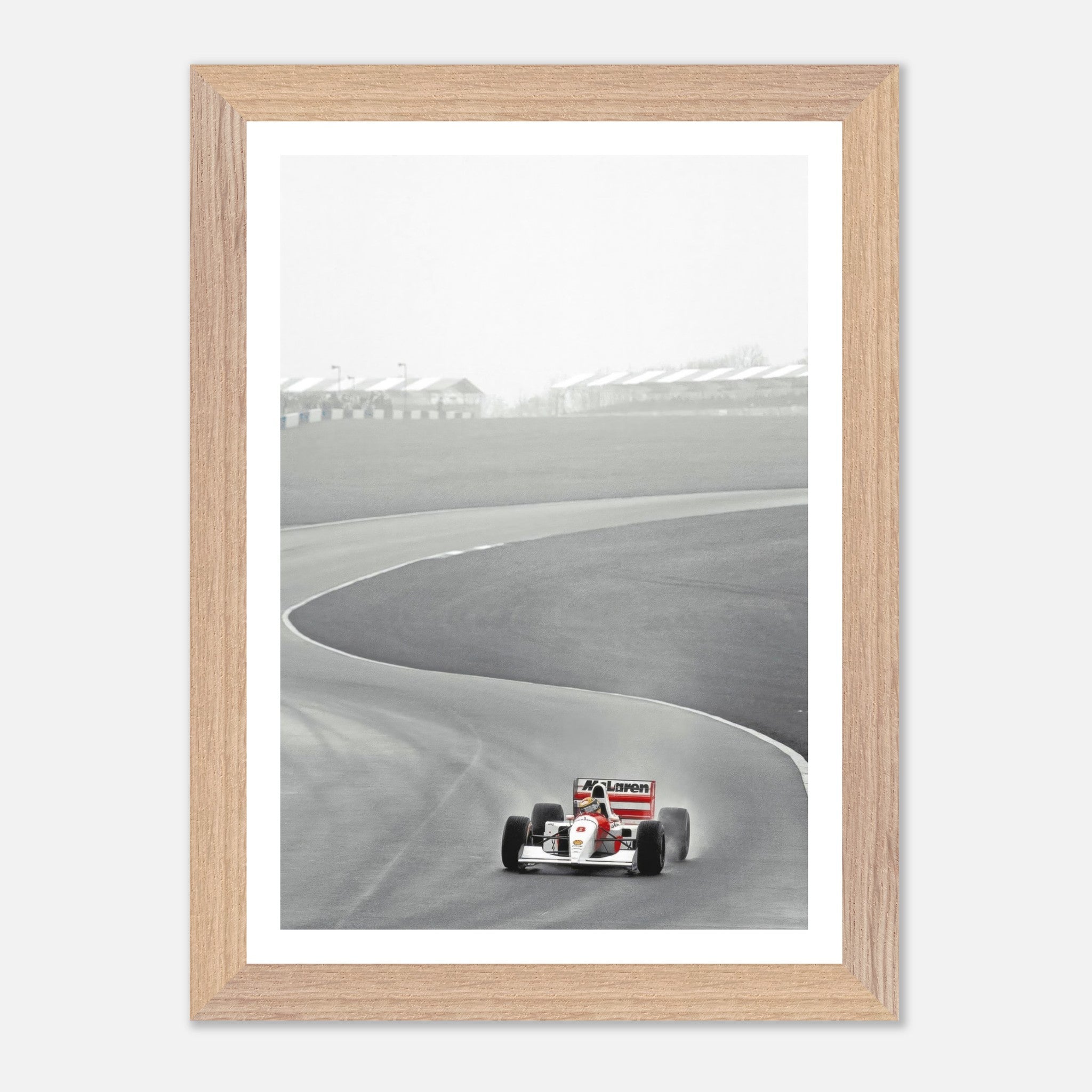 Vintage 1988 McLaren MP4/4 racing photography framed art featuring Ayrton Senna on track.