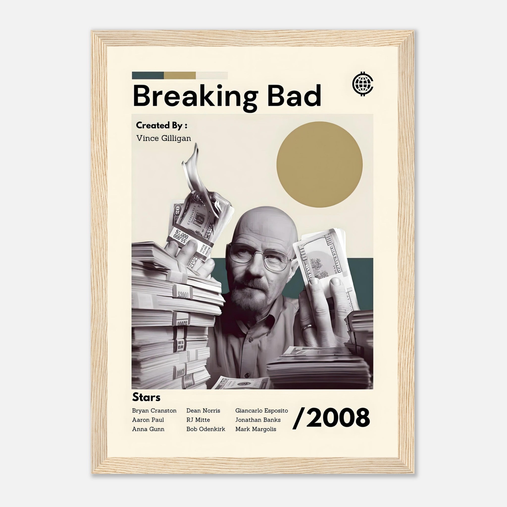 Framed print of Breaking Bad featuring Walter White with money, created by Vince Gilligan, showcasing iconic series elements.