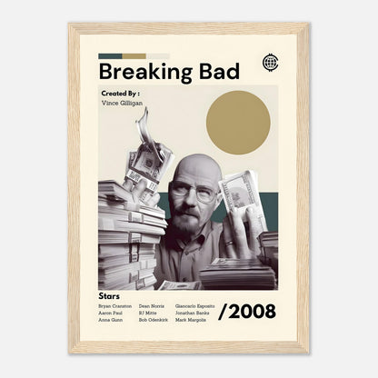 Framed print of Breaking Bad featuring Walter White with money, created by Vince Gilligan, showcasing iconic series elements.