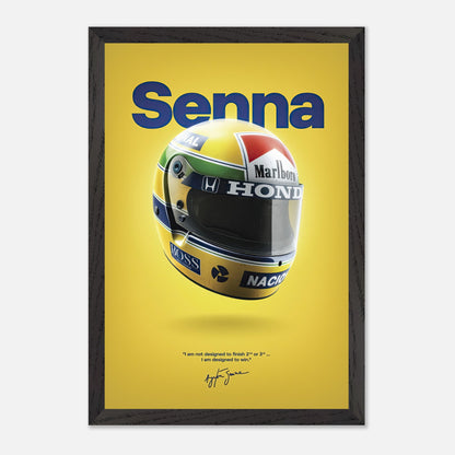 Vintage framed art of Ayrton Senna's iconic helmet on a bold yellow background, honoring his racing legacy.