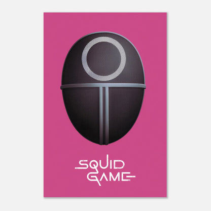 Squid Game guard mask metal print design on bold pink background, featuring sharp colors and modern aesthetic.