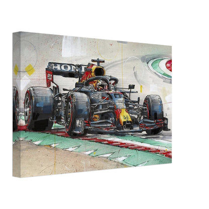 Max Verstappen Formula 1 canvas painting showcasing vibrant details and dynamic energy on the racetrack.