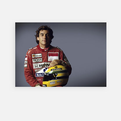 Ayrton Senna holding his racing helmet, showcasing his iconic motorsport legacy in a vibrant portrait.