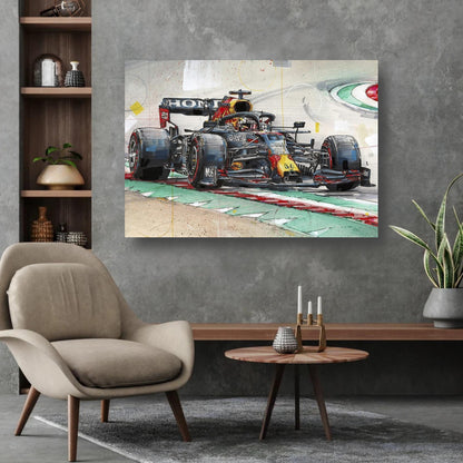 Max Verstappen Metal Print featuring Red Bull F1 car, showcasing dynamic racing energy on a stylish wall.