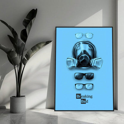 Minimalist Breaking Bad poster featuring Walter White's gas mask and glasses against a blue background.