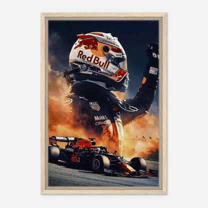 Max Verstappen framed canvas print featuring Red Bull design with racer and car in action against a fiery background.