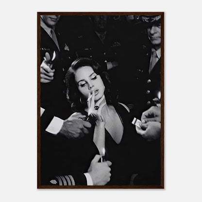 Lana Del Rey framed print featuring her smoking in a vintage Hollywood scene surrounded by admirers.