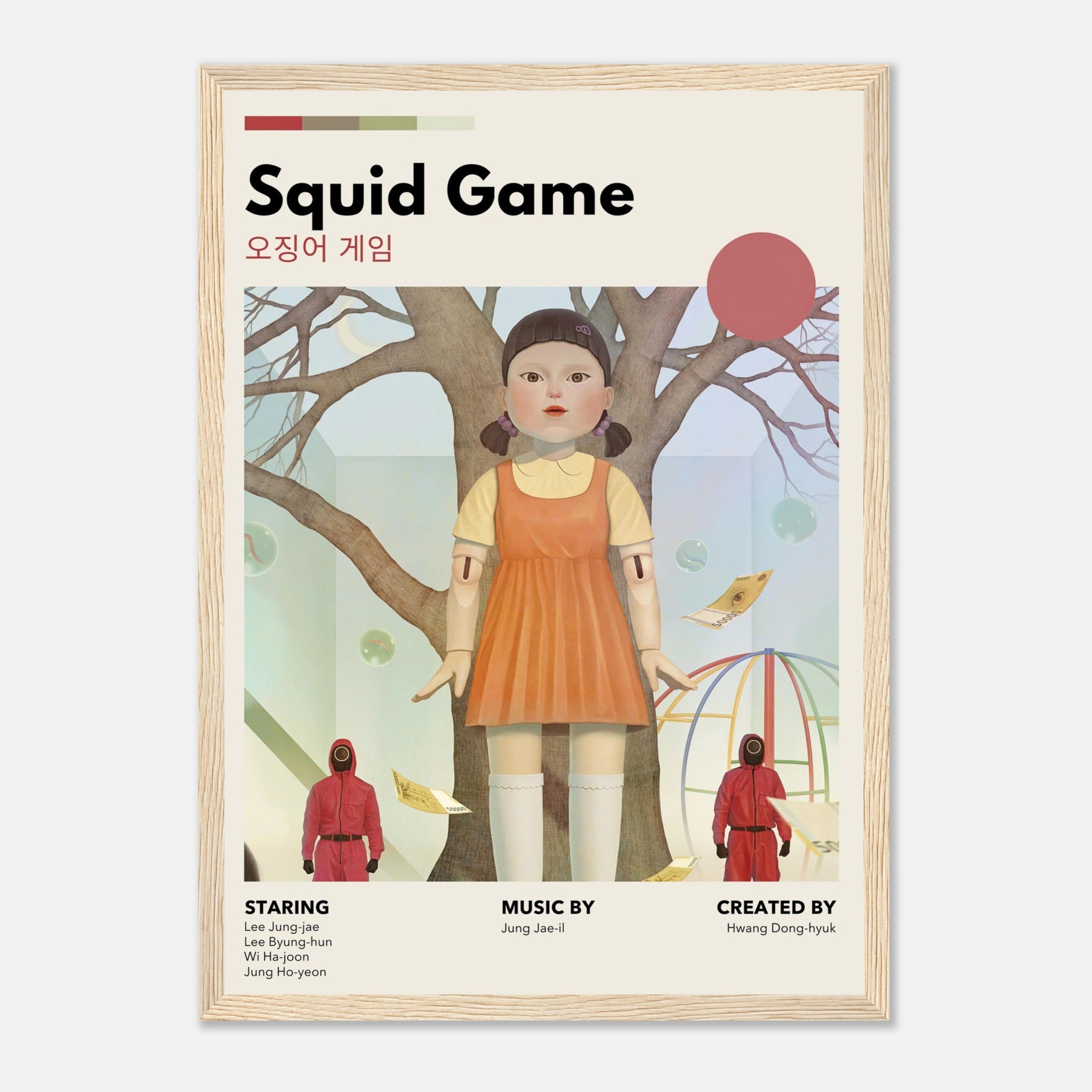 Vintage Squid Game framed poster featuring Red Light, Green Light doll and minimalist design, perfect for fans of the series.