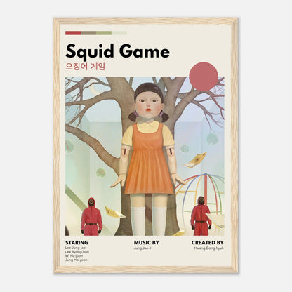 Vintage Squid Game framed poster featuring Red Light, Green Light doll and minimalist design, perfect for fans of the series.