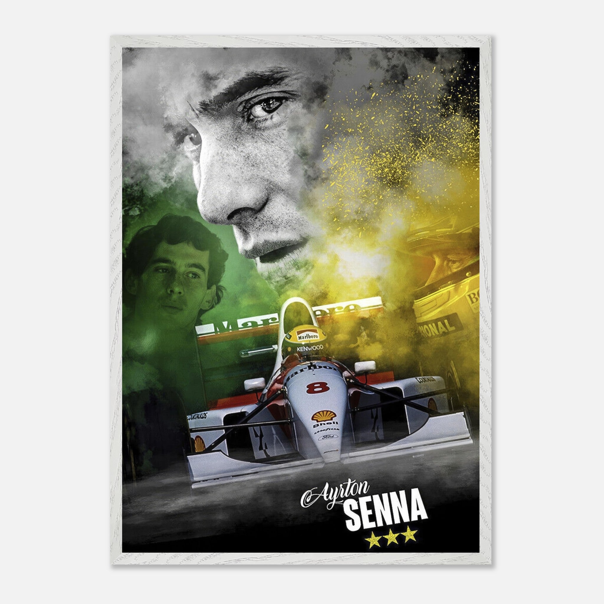 Ayrton Senna framed fine art print featuring his iconic F1 car and a dramatic portrait, capturing racing nostalgia and legacy.