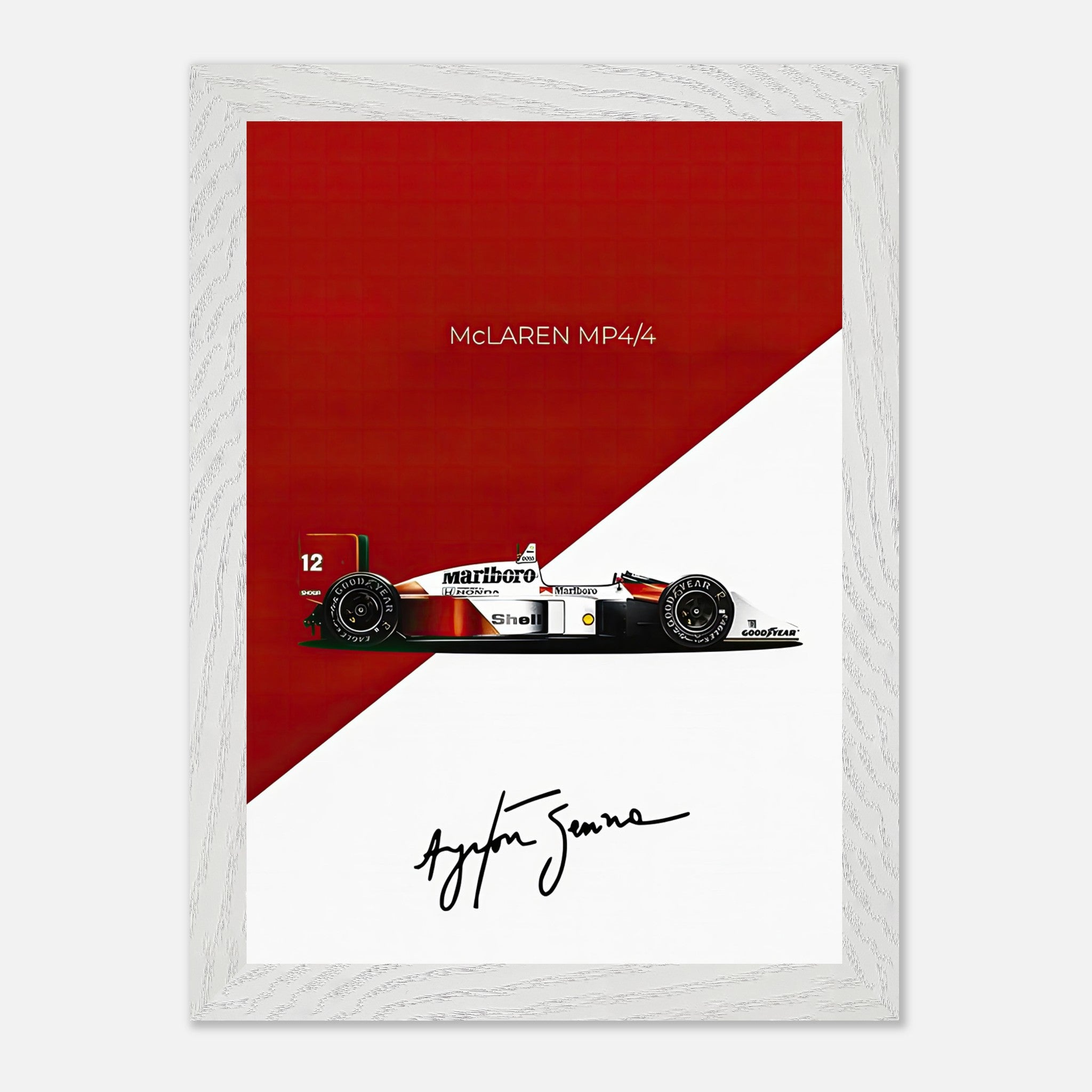 Ayrton Senna McLaren MP4/4 vintage framed print with red and white design and signature.